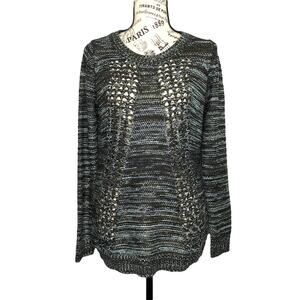Olive & Oak (S) Marled Varied Texture Loose Open Knit Panel Crew Neck Sweater